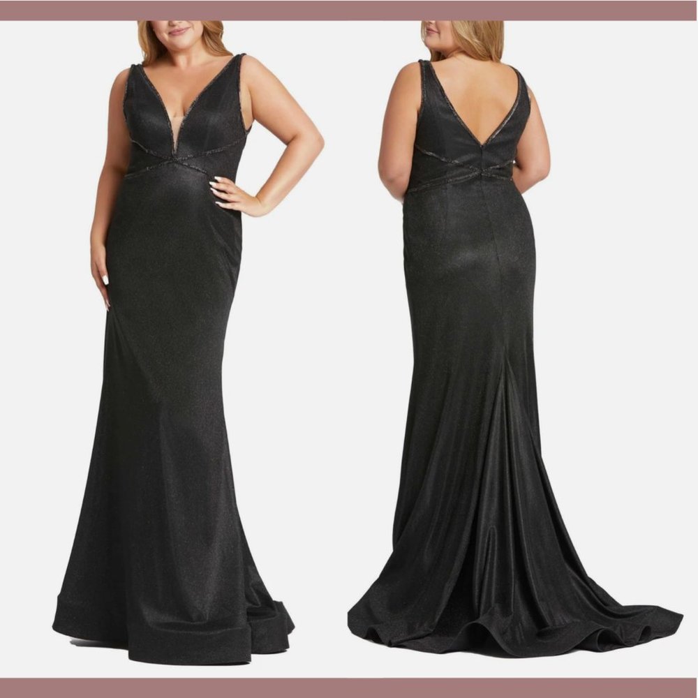 NEW $498‎ Mac Duggal [ PLUS 14W ] Sleeveless Metallic Glitter Trumpet Gown Black